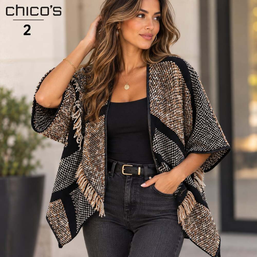 Chico's Open Front Fringe Cardigan Size 2 Large Tweed Faux Leather Trim